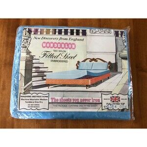 VINTAGE NEW Wonderlon Full Fitted Bottom Sheet Blue 100% Nylon Made in England
